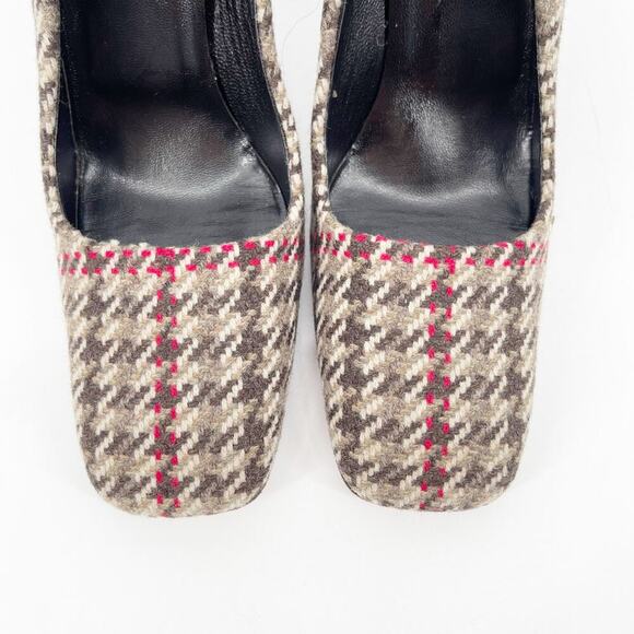 Prada Vintage IT 37 Brown Wool Houndstooth Square Toe Chunky Block Heel Pumps - Picture 6 of 11